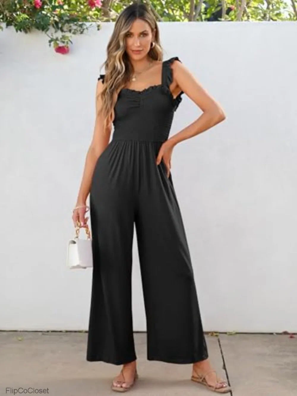 Sleeveless Smocked Wide Leg Jumpsuit with Pockets Summer Romper